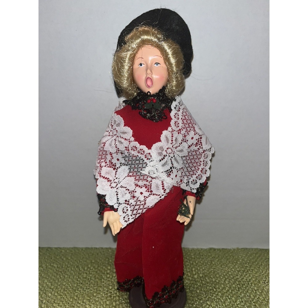 Christmas Village Caroler Byers like Woman red Velvet Dress And Lace Shaw